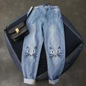 Embroidered cat jeans